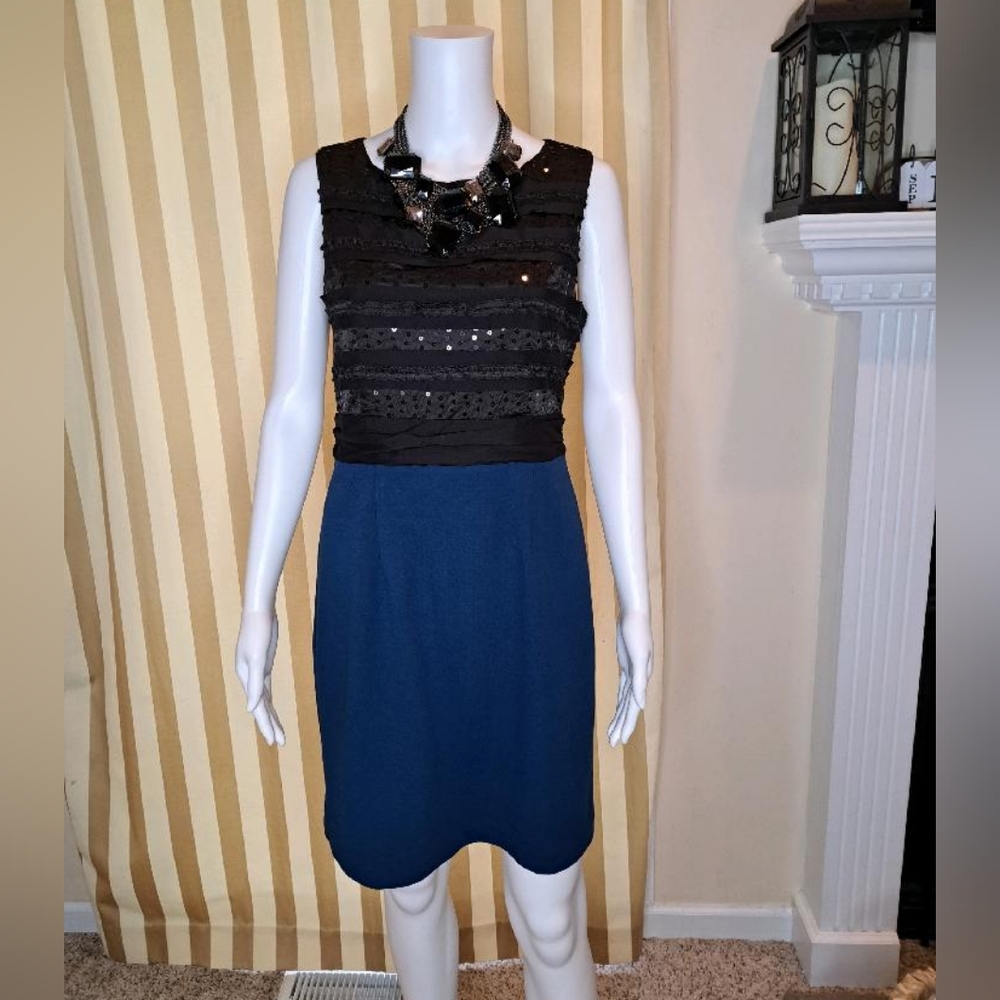 ESLEY COLLECTION COLORBLOCK SEQUINS TOP DRESS, BLUE AND BLACK M